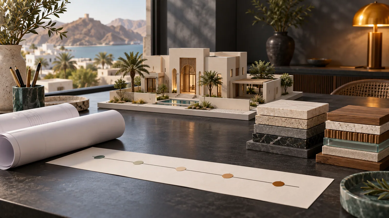 Project planning concept with architectural model and material samples